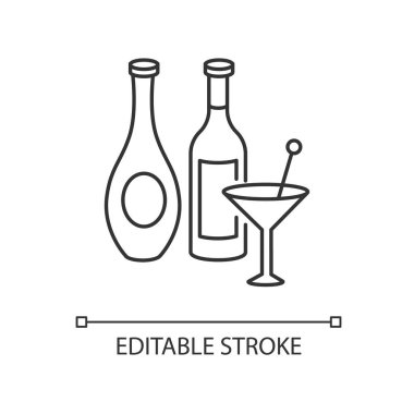 Şarap ve ruhlar mükemmel bir çizgisel ikon. Şişedeki alkollü içecekler. Bardakta martini. İnce çizgi özelleştirilebilir illüstrasyon. Contour sembolü. Vektör izole çizim. Düzenlenebilir vuruş