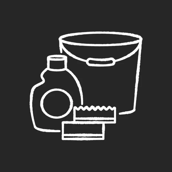 清洁用品粉笔白色图标黑色背景 卫生洗涤剂 瓶子里有消毒剂洗碗用的篮子 做家务活的化学剂 孤立的矢量黑板插图 — 图库矢量图片