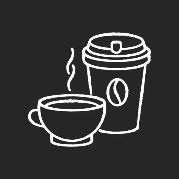 茶杯和咖啡粉笔白色图标黑色背景 外卖时用一次性杯子盛咖啡 杯子里有浓郁的红茶 浓缩咖啡在咖啡店里喝 孤立的矢量黑板插图 — 图库矢量图片