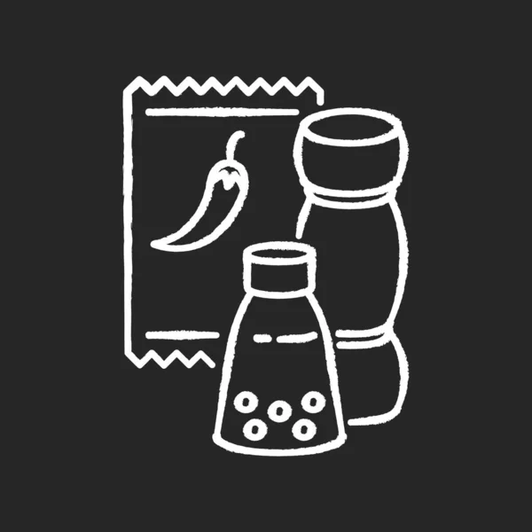 调料粉笔白色图标黑色背景 玻璃瓶里的胡椒 烹调用盐 食品配方配料 季节性选择 做饭用的衣服 孤立的矢量黑板插图 — 图库矢量图片