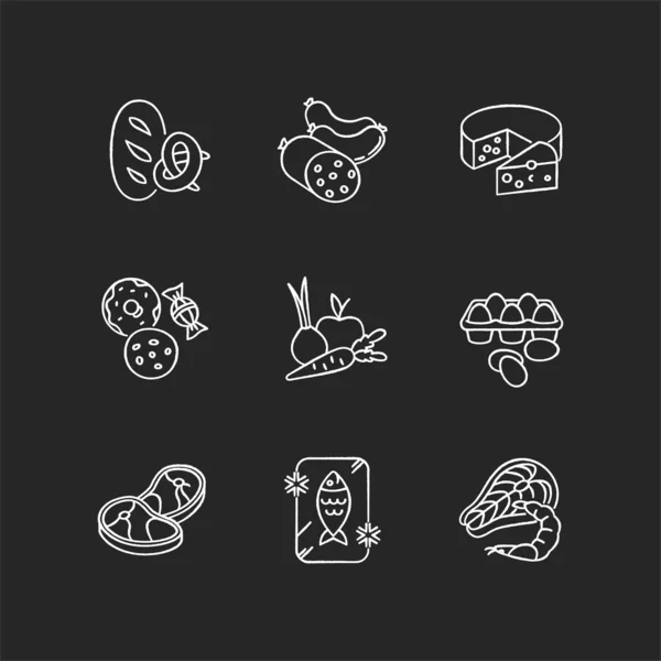 Lebensmittelkreide Weiße Symbole Auf Schwarzem Hintergrund Brotlaib Frische Backwaren Fleischwurst — Stockvektor