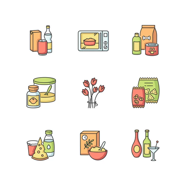 Продуктовые Разделы Rgb Color Icons Set Напитки Упаковках Микроволновая Еда — стоковый вектор