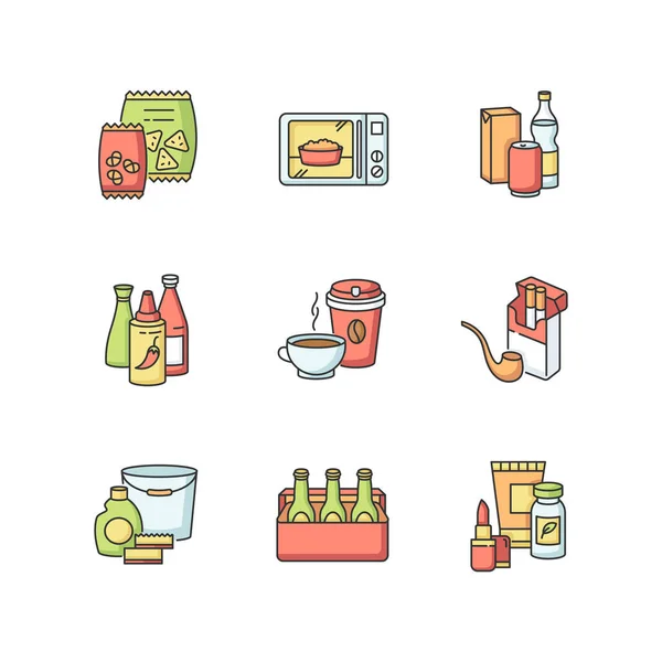 Categorías Comestibles Conjunto Iconos Color Rgb Snacks Paquetes Comida Preparada — Vector de stock