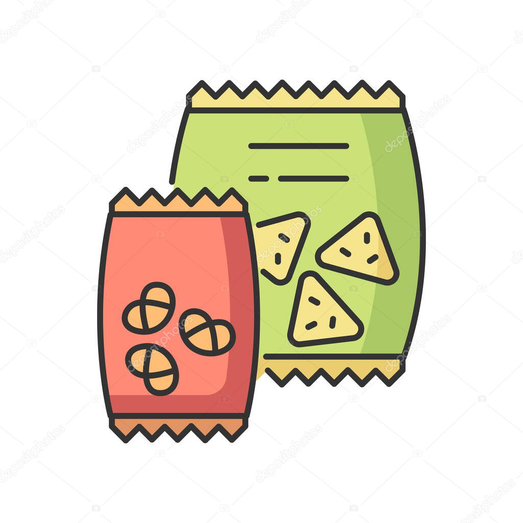 Snacks RGB color icon. Potato chips in bag. Salty crackers in packet. Junk food. Unhealthy snacks. Crisp pretzel in package. Fast appetizer. Vending machine food items. Isolated vector illustration