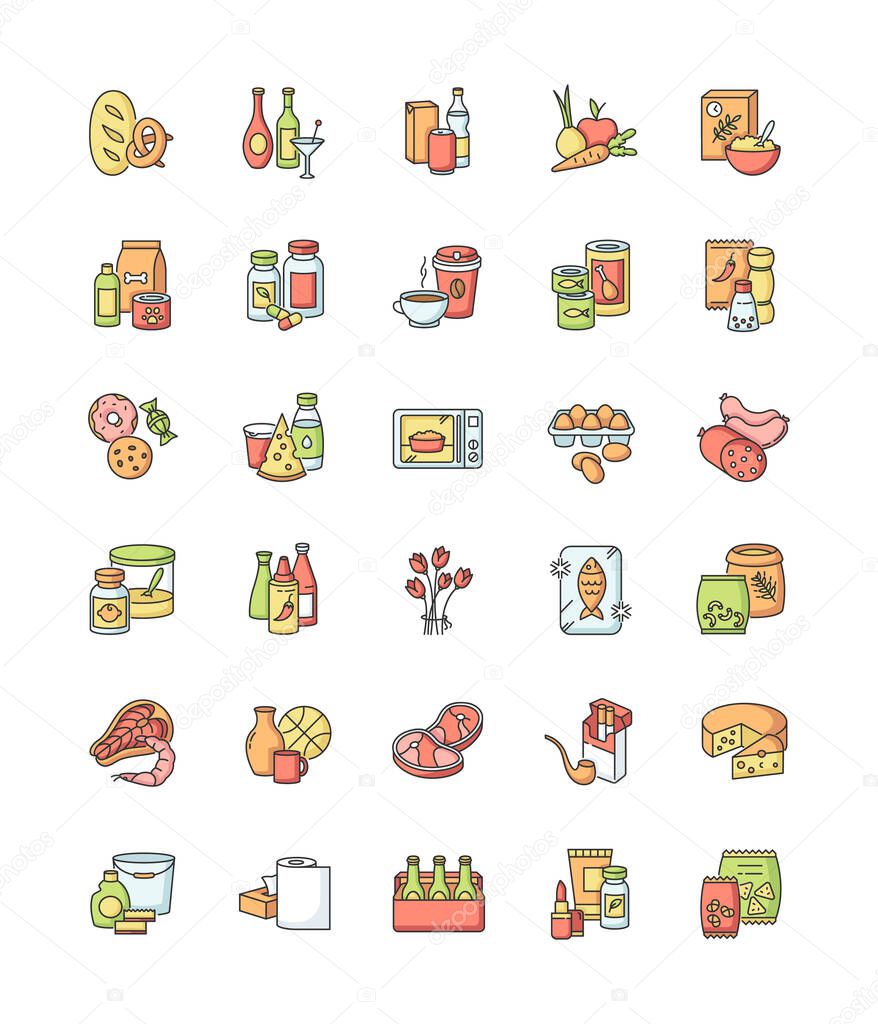 Groceries category RGB color icons set. Various supermarket food sections. Drink products for ecommerce and retail. Store supplies. Miscellaneous goods for shop. Isolated vector illustrations