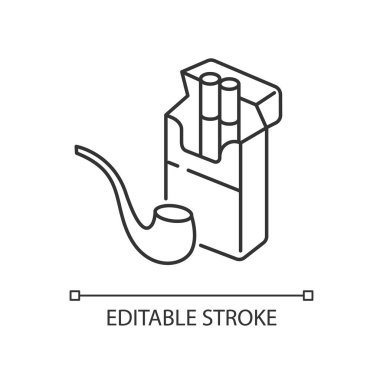 Tütün pikseli mükemmel doğrusal simge. Sigara pakette. Sigara içmek için pipo. Nikotin ürünleri. İnce çizgi özelleştirilebilir illüstrasyon. Contour sembolü. Vektör izole çizim. Düzenlenebilir vuruş