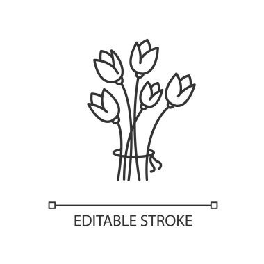Çiçek pikseli mükemmel doğrusal simge. Selamlamak için buket. Romantik hediye. Sevgililer günü hediyesi. İnce çizgi özelleştirilebilir illüstrasyon. Contour sembolü. Vektör izole çizim. Düzenlenebilir vuruş
