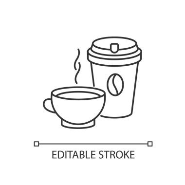 Çay ve kahve pikseli mükemmel doğrusal ikon. Sipariş için tek kullanımlık fincanda kahve. Kupada siyah çay. İnce çizgi özelleştirilebilir illüstrasyon. Contour sembolü. Vektör izole çizim. Düzenlenebilir vuruş