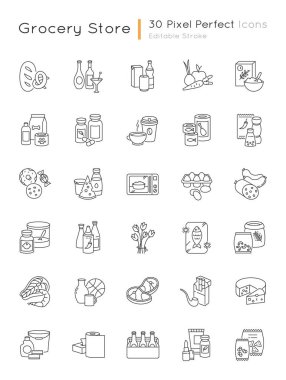 Market kategorisi pikseli mükemmel doğrusal simgeler seti. Çeşitli süpermarket yemek bölümleri. Ürün iç. Özelleştirilebilir ince çizgi şekilleri. İzole vektör çizimi çizimleri. Düzenlenebilir vuruş
