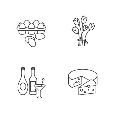 Perakende ürünleri piksel mükemmel doğrusal simgeler ayarlandı. Tepside taze tavuk yumurtası. Alkollü içecekler. Özelleştirilebilir ince çizgi şekilleri. İzole vektör çizimi çizimleri. Düzenlenebilir vuruş