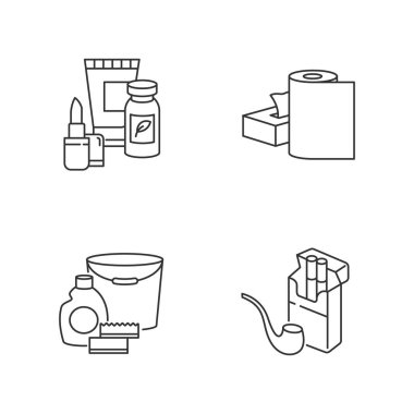 Market ürünleri pikselleri mükemmel doğrusal simgeler seti. Güzellik malzemeleri. Sağlıklı olmak için ilaçlara gıda takviyesi. Özelleştirilebilir ince çizgi şekilleri. İzole vektör çizimi çizimleri. Düzenlenebilir vuruş