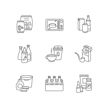 Market kategorileri piksel mükemmel doğrusal simgeler seti. Atıştırmalıklar paketlerde. Yemek hazır. Acı soslar. Özelleştirilebilir ince çizgi şekilleri. İzole vektör çizimi çizimleri. Düzenlenebilir vuruş