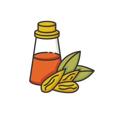 Badem yağı RGB renk simgesi. Çiğ fındık özü sıvı halde. Esans için organik malzeme. Masaj yağı. Kuru saç tedavisi için doğal kozmetik ürünü. İzole vektör illüstrasyonu