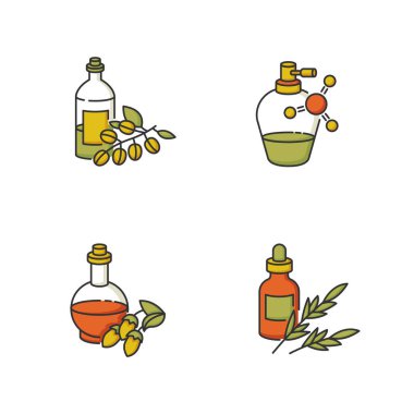 Saç yağları RGB renk simgeleri ayarlandı. Sağlıklı beslenmek için organik jojoba özü. Düz ve pürüzsüz saç için Keratin formülü. Biberiye bitkisel özü şişede. İzole vektör çizimleri