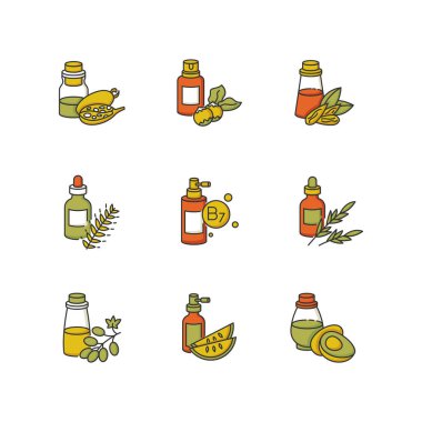 Saç yağları RGB renk simgeleri ayarlandı. Hidrolize buğday proteini. B7 biyotin tedavisi. Saç bakımı için bitkisel biberiye. Macadamia, badem fıstığı sıvı halde çıkar. İzole vektör çizimleri