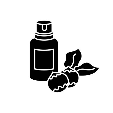 Macadamia yağı siyah kabartma simgesi. Saç bakımı için organik vegan özü. Avustralya fındığı özü. Saç tedavisi için doğal kozmetik ürünü. Beyaz uzayda siluet sembolü. Vektör izole illüstrasyonu