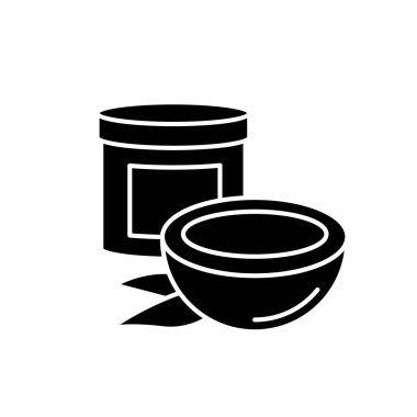 Hindistan cevizi yağı siyah kabartma simgesi. Organik besleyici saç bakımı. Kavanozda saç maskesi. Saç tedavisi için doğal kozmetik ürünü. Beyaz uzayda siluet sembolü. Vektör izole illüstrasyonu