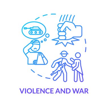Şiddet ve savaş, askeri yaralanmalar konsept ikonu. Haneye tecavüz, egemenlik ihlali, silahlı çatışma, güç kullanımı ince çizgi çizimi. Vektör izole edilmiş RGB renk çizimi