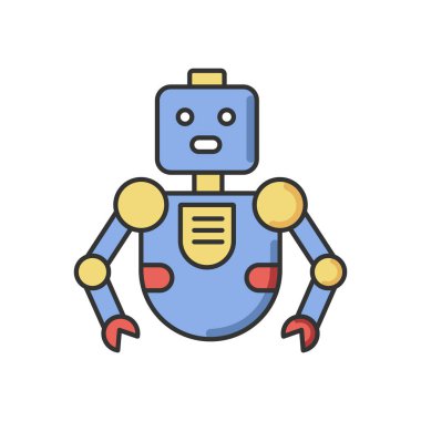 Robot RGB renk simgesi. Yenilikçi teknoloji. Yapay zeka. Gelecekçi çocuk oyuncağı. Şirin sayborg maskotu. İnsansı makine. Otomatik mekanizma. İzole vektör illüstrasyonu