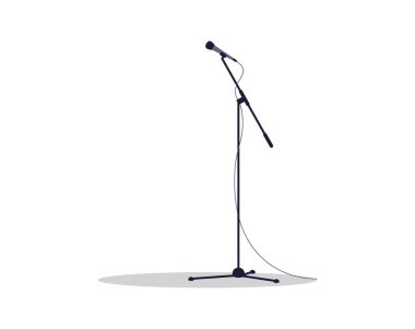 Mikrofon duruşu yarı düz RGB renk çizimi. Stand-up komedyeni için sahnede mikrofon var. Müzik konseri ekipmanları. Canlı müzik etkinliği için Mike. Beyaz arkaplanda izole edilmiş çizgi film nesnesi