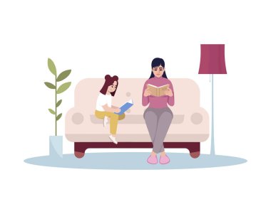 Aile aktivitesi yarı düz RGB renk çizimi. Kadın ve kız birlikte kitap okurlar. Ebeveyn ve çocuk kanepede oturur. Anne ve kızı beyaz arkaplanda çizgi film karakterlerini izole ettiler.