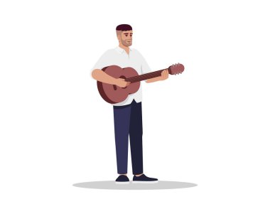 Gitarist yarı düz RGB renk çizimi. Gitarlı bir erkek müzisyen. Müzik aleti olan bir adam. Şovmen canlı söylüyor. Beyaz arkaplanda izole edilmiş çizgi film karakteri