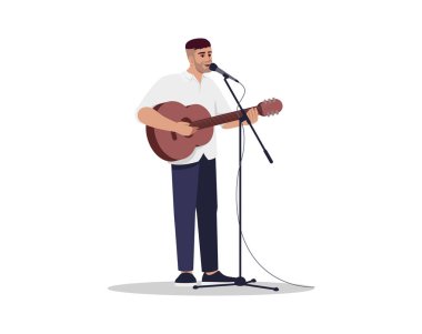 Mikrofonlu gitarist yarı düz RGB renk çizimi yapıyor. Müzisyen mikrofonla şarkı söylüyor. Adam sahnede gitar çalıyor. Erkek şarkıcı konseri. Beyaz arkaplanda izole edilmiş çizgi film karakteri