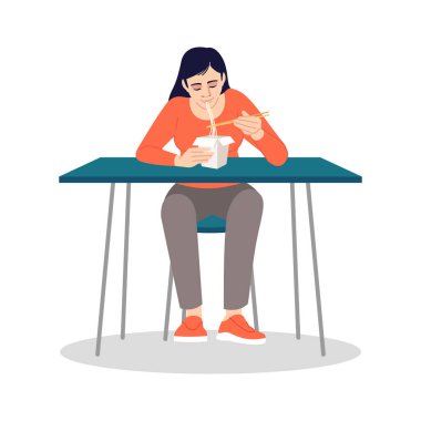 Chinese woman eating noodles with chopsticks semi flat RGB color vector illustration. Quick lunch at home. Young lady enjoying asian fast food isolated cartoon character on white background vector