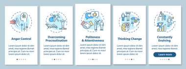 Mobil uygulama sayfasında kavramlarla birlikte kişisel büyüme tekniği. Evrim geçir ve geliş. Hedef yürüyüşü için 5 adımlık grafik talimatlara ulaşın. RGB renk resimleriyle UI vektör şablonu