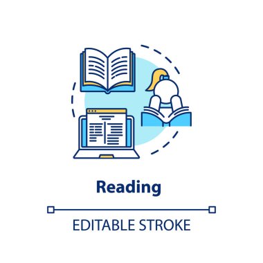 Konsept simgesi okunuyor. Kişisel gelişim, kişisel gelişim fikri ince çizgi çizimi. Edebiyat hobisi, eğitim, bilgi bazlı büyüme. Vektör izole edilmiş RGB renk çizimi. Düzenlenebilir vuruş