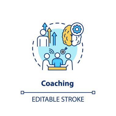 Koçluk konsepti ikonu. Öğretmenlik, akıl hocalığı, takım çalışması ince çizgi çizimi. Grup çalışması geliştirme, takım oluşturma. Vektör izole edilmiş RGB renk çizimi. Düzenlenebilir vuruş