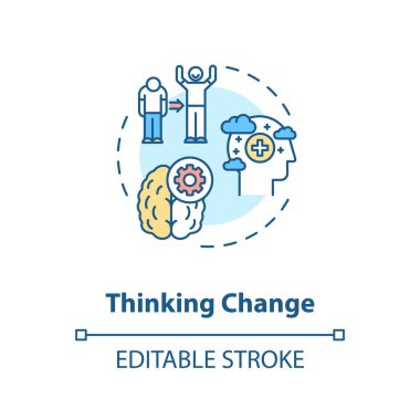 Fikir ikonunu değiştirmeyi düşünüyorum. Kişisel gelişim, duygusal gelişim fikri ince çizgi çizimi. Pozitif tutum, iyimser düşünce. Vektör izole edilmiş RGB renk çizimi. Düzenlenebilir vuruş