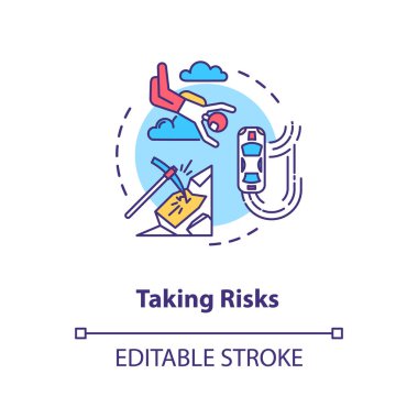 Risk kavramı ikonu almak. Ekstrem spor, aktif eğlence, kişisel gelişim fikri ince çizgi çizimi. Yeni ve heyecan verici deneyimler. Vektör izole edilmiş RGB renk çizimi. Düzenlenebilir vuruş