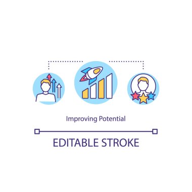 Potansiyel konsept ikonu geliştiriliyor. Kişisel gelişim. Yetenek geliştirme. Profesyonel kariyer fikrinde ilerleme ince çizgi çizimi. Vektör izole edilmiş RGB renk çizimi. Düzenlenebilir vuruş