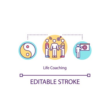 Yaşam koçluğu konsepti ikonu. Kariyer ve yaşam dengesi hakkında tavsiyeler. Uzman eğitimi. Kişisel gelişim fikri ince çizgili resimleme danışmanı. Vektör izole edilmiş RGB renk çizimi. Düzenlenebilir vuruş