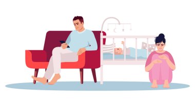 Doğum sonrası depresyon yarı düz RGB renk çizimi. Stresli genç ebeveynler beyaz arka planda çizgi film karakterlerini izole ettiler. Yeni doğmuş bebeği olan sinirli bir çift. Doğum sonrası bozukluk