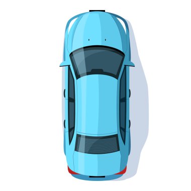 Mavi sedan yarı düz RGB renk çizimi. Yolculuk için nakliye aracı. Şehir caddesinde Hatchback otomobili. Kişisel araç beyaz arkaplanda karikatür nesne üst görünümü