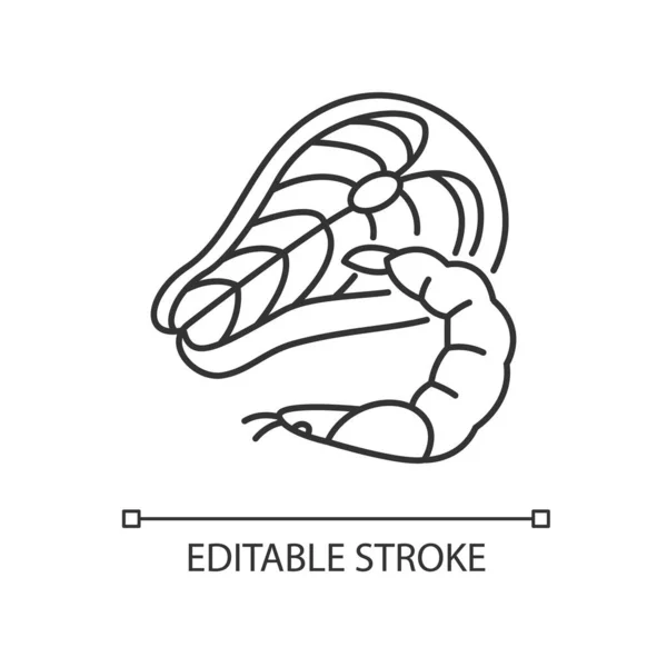 シーフードピクセル完璧な線形アイコン マグロの生ステーキ 新鮮なエビ 地中海料理 細い線のカスタマイズ可能なイラスト 輪郭のシンボル ベクトル絶縁外形図面 編集可能なストローク — ストックベクタ