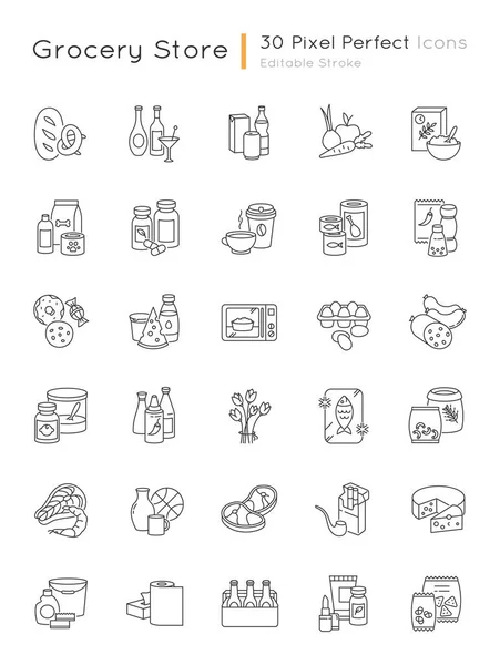 Lebensmittel Kategorie Pixel Perfekte Lineare Symbole Gesetzt Verschiedene Lebensmittelabteilungen Supermarkt — Stockvektor