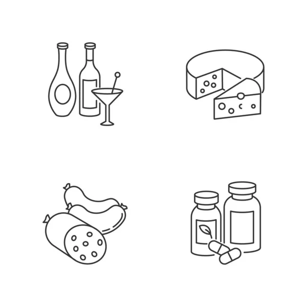 Položky Potravin Pixel Perfektní Lineární Ikony Nastavit Víno Lihoviny Alkoholické — Stockový vektor