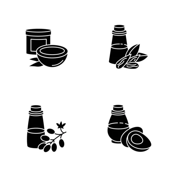 发油黑色石榴图标设置在白色的空间 Jojoba精华素对健康的营养 角蛋白护发配方 瓶子里有迷迭香提取物 轮廓符号 矢量孤立的说明 — 图库矢量图片