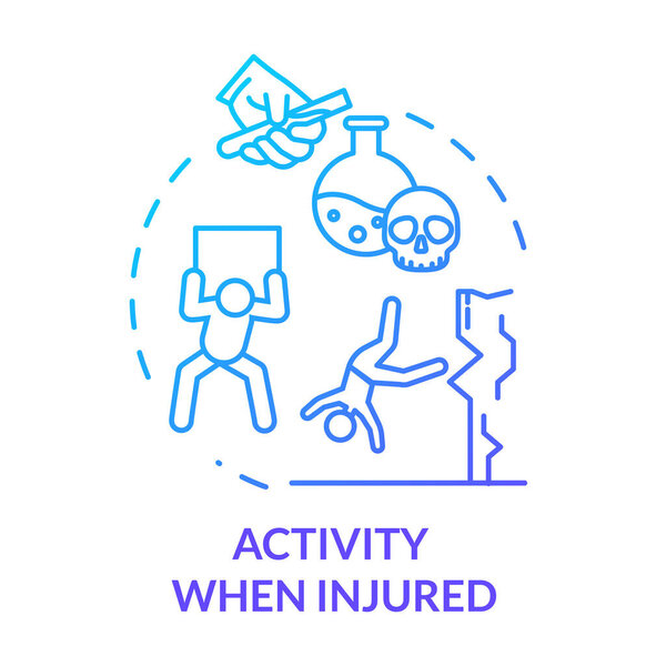 Activity when injured, unsafe work and sport concept icon. Adverse working conditions, incaution, suicide, fatal trauma thin line illustration. Vector isolated outline RGB color drawing