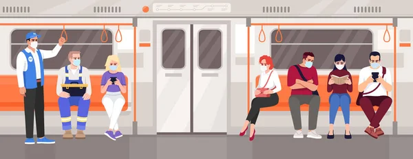 Passeggeri Della Metropolitana Maschere Mediche Semipiatte Illustrazione Vettoriale Persone Trasporto — Vettoriale Stock