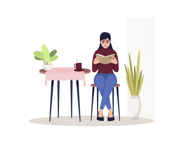 Femme Assise Dans Cuisine Semi Plat Illustration Vectorielle Couleur Rvb — Image vectorielle