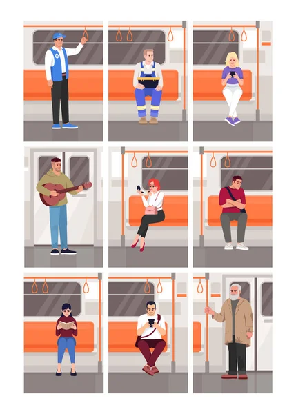 Les Gens Dans Métro Train Semi Plat Vecteur Illustration Ensemble — Image vectorielle