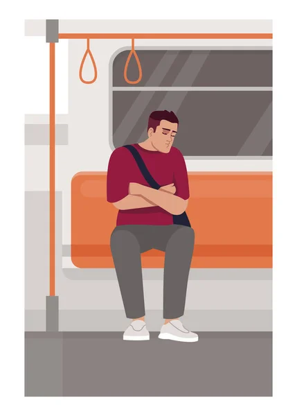 Homme Dormant Dans Train Illustration Vectorielle Semi Plate Homme Fatigué — Image vectorielle