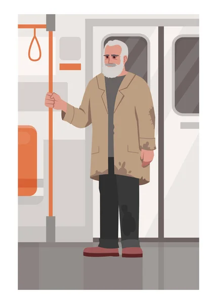 Homeless Man Train Semi Flat Vector Illustration Pobre Homem Roupa — Vetor de Stock