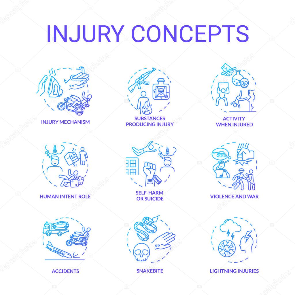 Injury factors, trauma causes concept icons set. Human intention, incidents, domestic and traffic accidents idea thin line RGB color illustrations. Vector isolated outline drawings