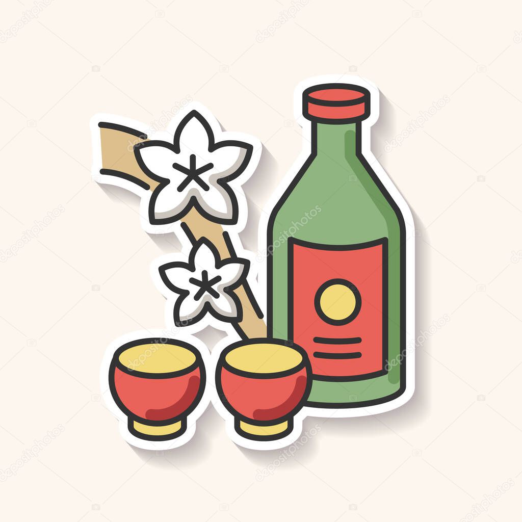 Sake patch. Japanese rice wine and sakura branch. Korean soju drink with two mugs. Asian liquor in bottle with shot cups. Alcoholic beverage. RGB color printable sticker. Vector isolated illustration