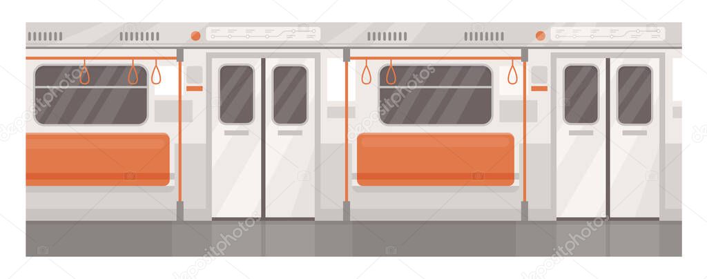 Train interior semi flat vector illustration. Subway seats row with handrails. Public transport with nobody inside. Empty underground transport. Metro tram 2D cartoon background for commercial use